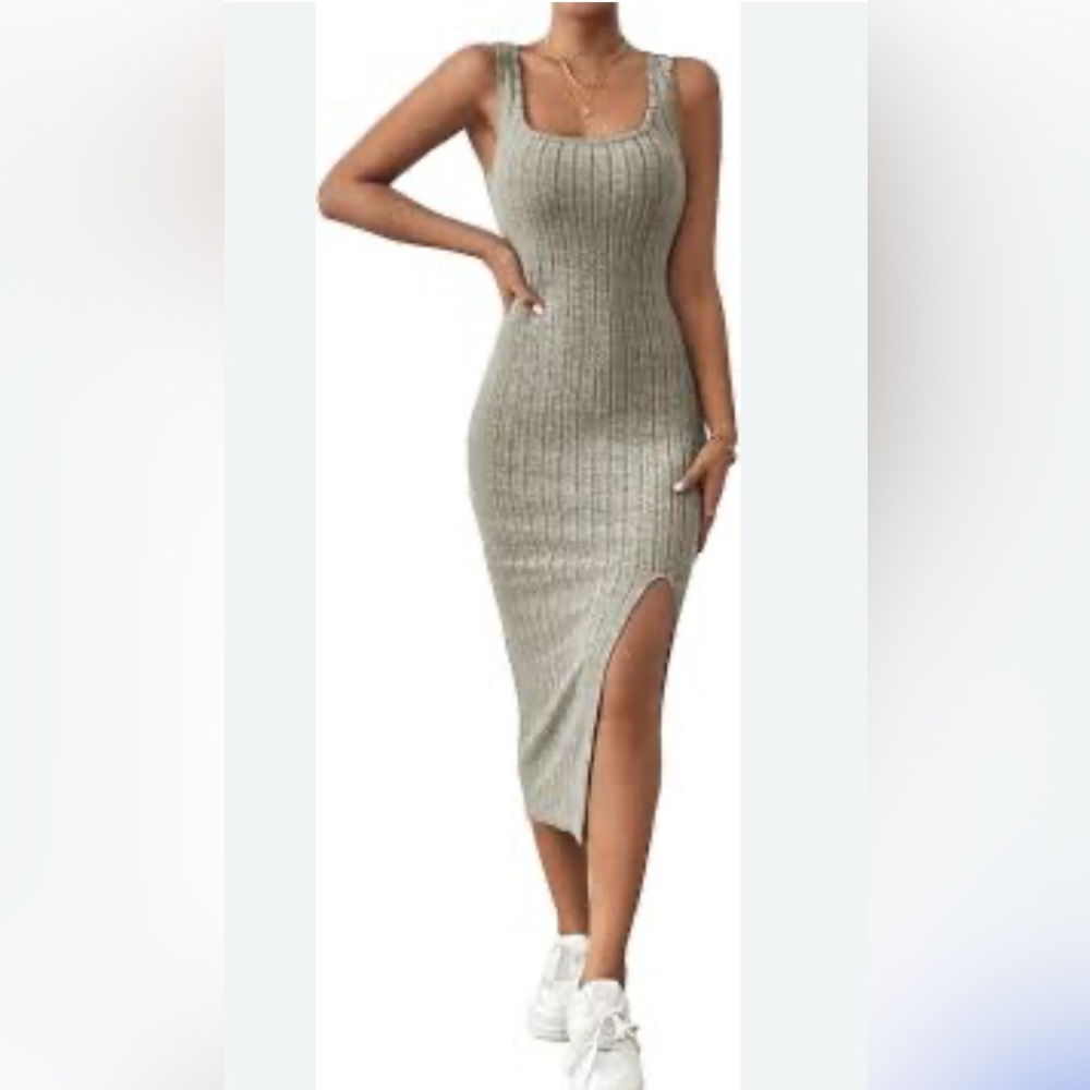Ribbed Thigh Slit  Square Neck Bodycon Sleeveless Midi Knit Tank Dress XL